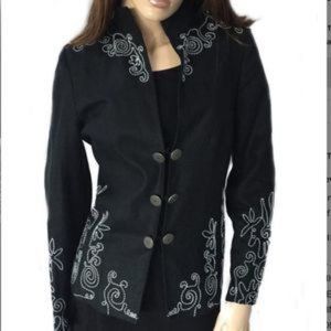 Women’s Nicole Miller Collection Black Linen Embroidered Jacket Size 6 EUC